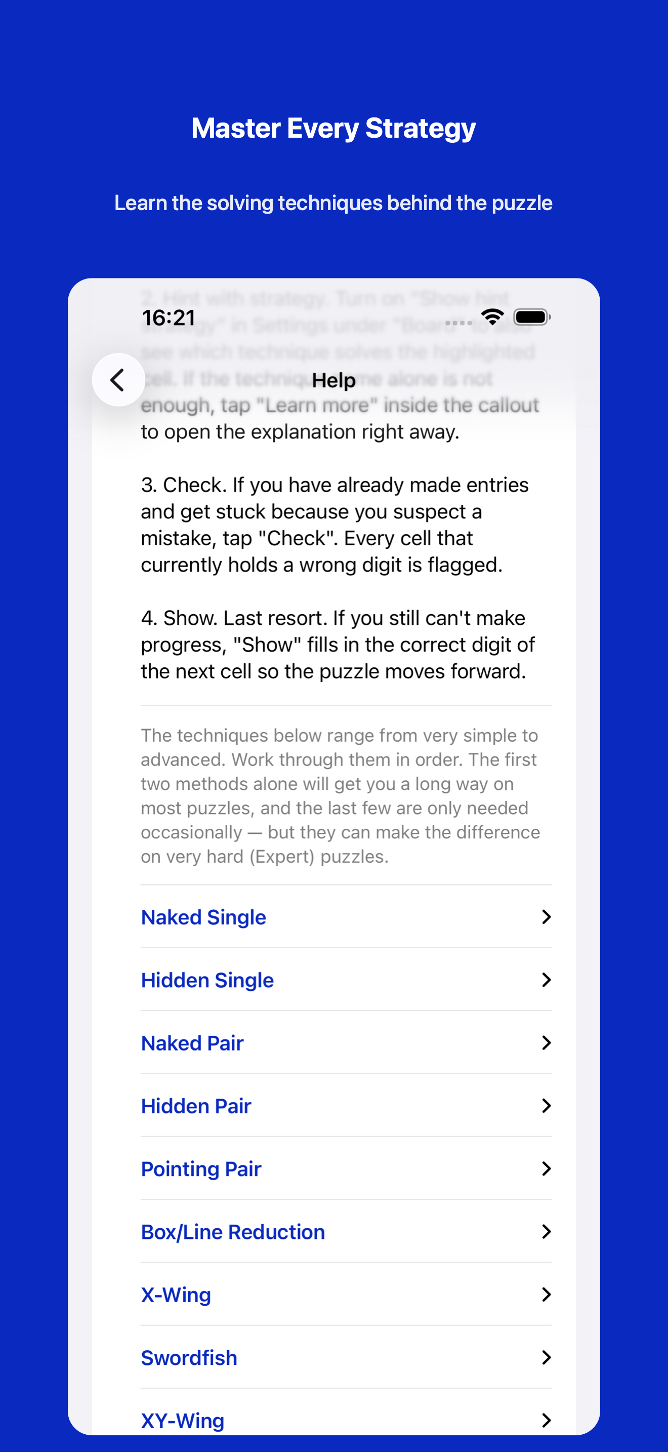 In-app help with rules, game controls and solving strategies
